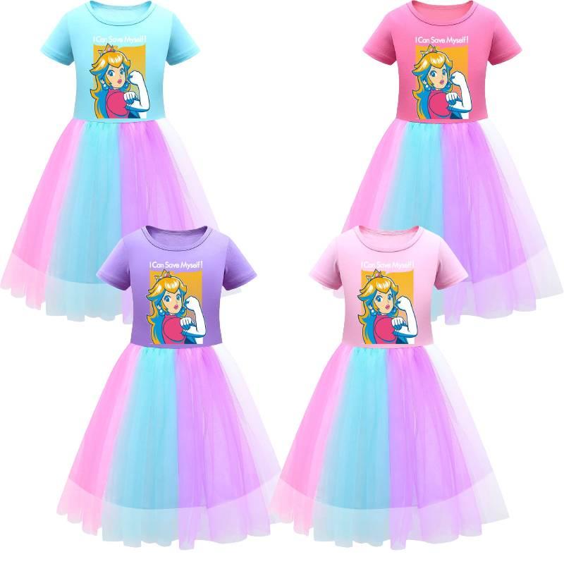Sukienka dla dziewczynki Super Mario Princess Peach z tęczową koronką w kolorze fioletowym, czerwonym i różowym