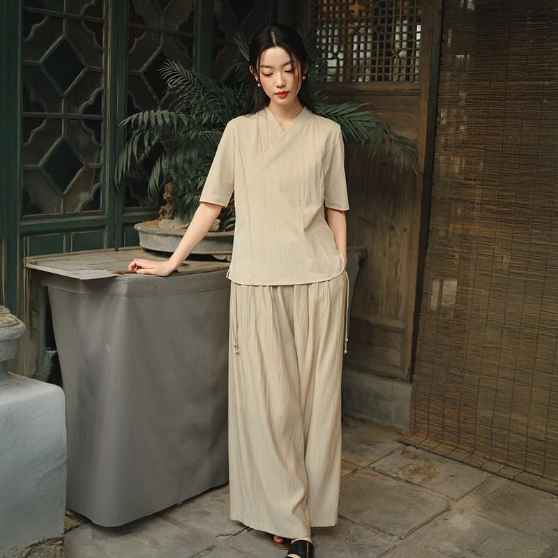 Johnature Women Chinese Style T-Shirts Solid Color V-Neck Seven Sleeve Summer Loose Casual T-Shirts