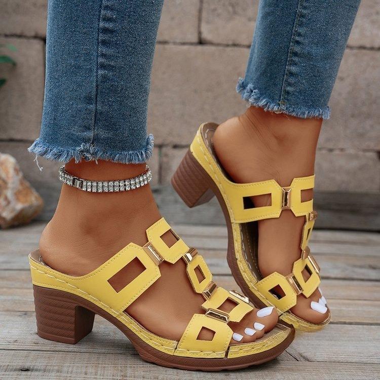 Sandalias con tacón de bloque para mujer, elegantes tacones sin cordones para salir y uso informal en verano