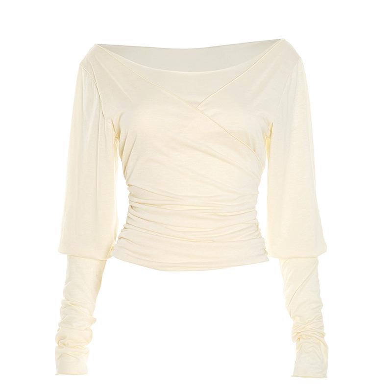 Q25TP254 Versatile Low-Neck Lantern Sleeve Ruched Short T-Shirt for Summer and Autumn