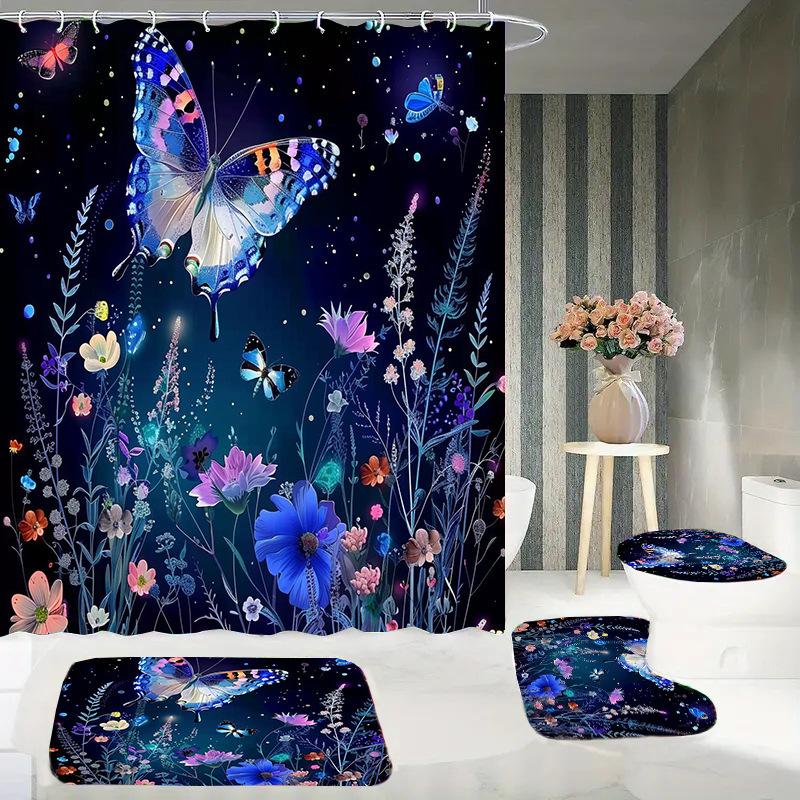 Butterfly Trees, Flowers And Plants, Digital Printing, Shower Curtain, Bathroom Four-Piece Set With Hooks