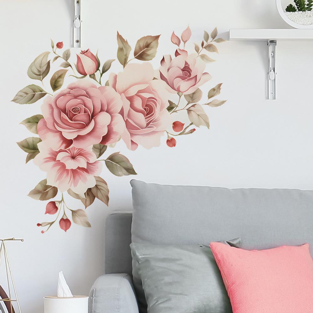Watercolor Pink Romantic Rose Flower Leaves Bedroom Headboard Wall Decoration Wall Stickers