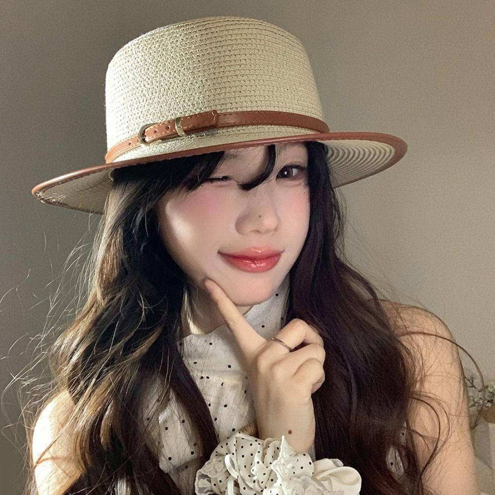 Korean Style Flat Top Cowboy Cap Flat Brim Panama Hat Retro Straw Woven Hat  Spring Summer
