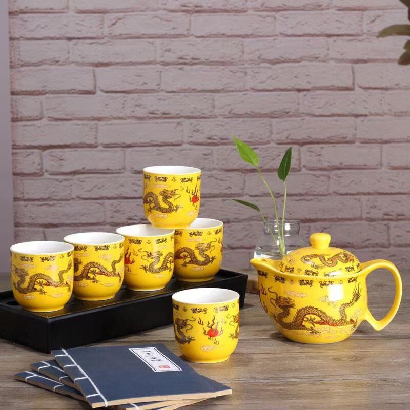 Gongfu Tea Set with Blue and White Porcelain & Golden Dragon Design