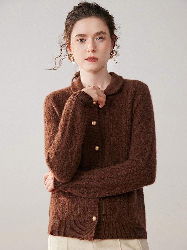 Korean Style Loose Cashmere Cable Knit Polo Collar Cardigan for Women