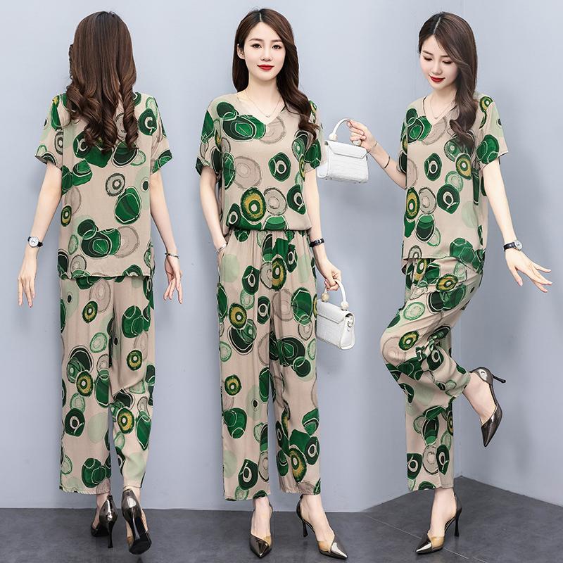 Sommeranzug für Frauen im mittleren Alter Neue elegante zweiteilige Sets Damen-Outfits Lose Vintage-Druck-Hosen-Set mit weitem Bein