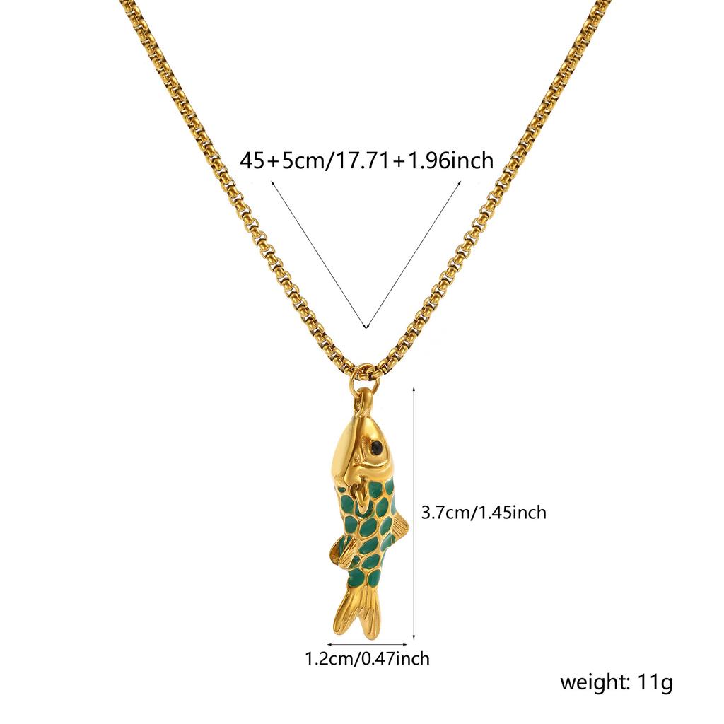 304 Stainless Steel Enamel Fish Pendant Charm Necklace 18K Real Gold Plated Box Chain 45cm + 5cm For Women Ocean Jewelry Gift