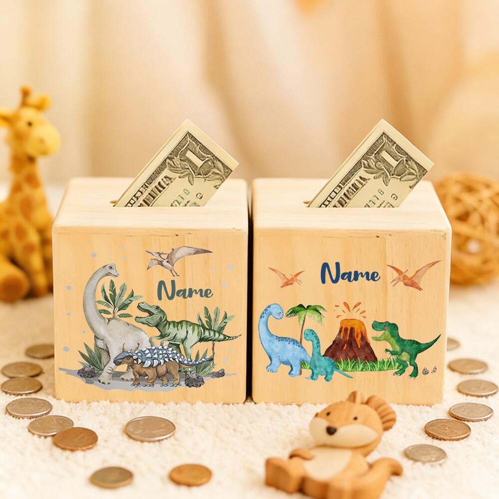 Customized Dino Dinosaur Pattern Wooden Piggy Bank Kids Money Boxes Coin Collection Case Wooden Coin Bank Child Shower Gift