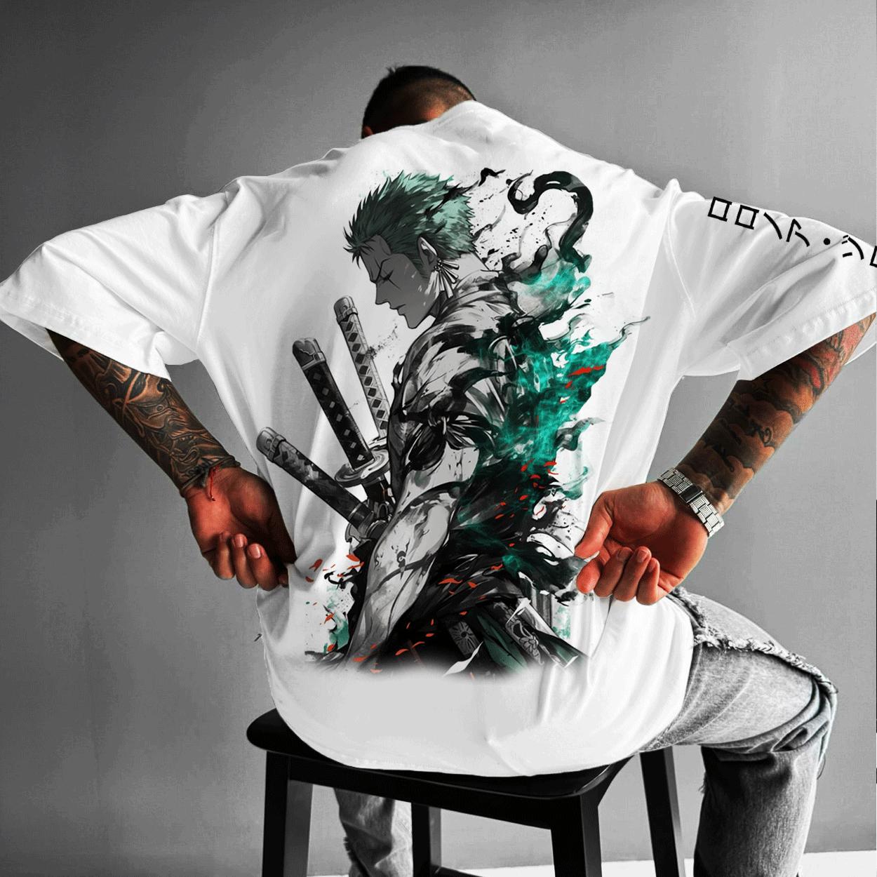 

One Piece T-Shirt Men Summer Roronoa Zoro Three Sword Style Ink Art Graphic Short Sleeve Streetwear Loose Fit Anime Fan Top S разноцветный