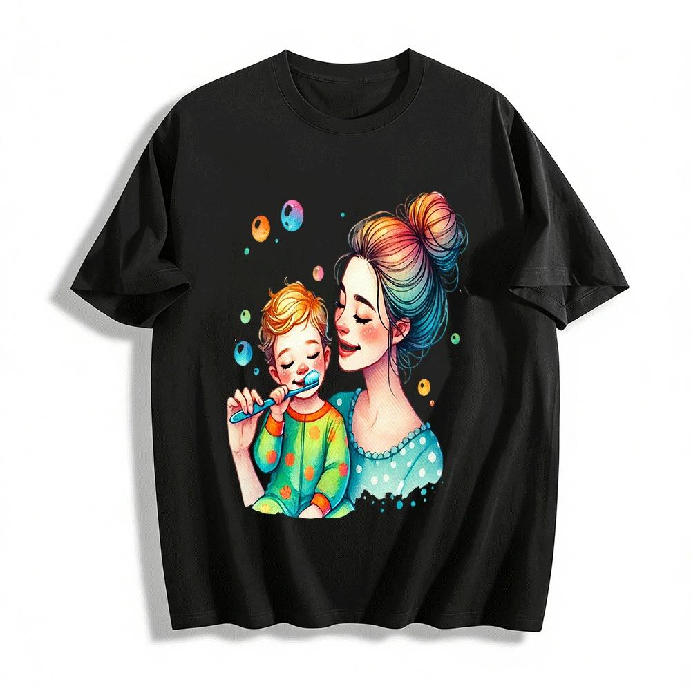 

Warm Parent-child Tooth-brushing Print Casual Top For All Ages Pure cotton T-shirt XXS