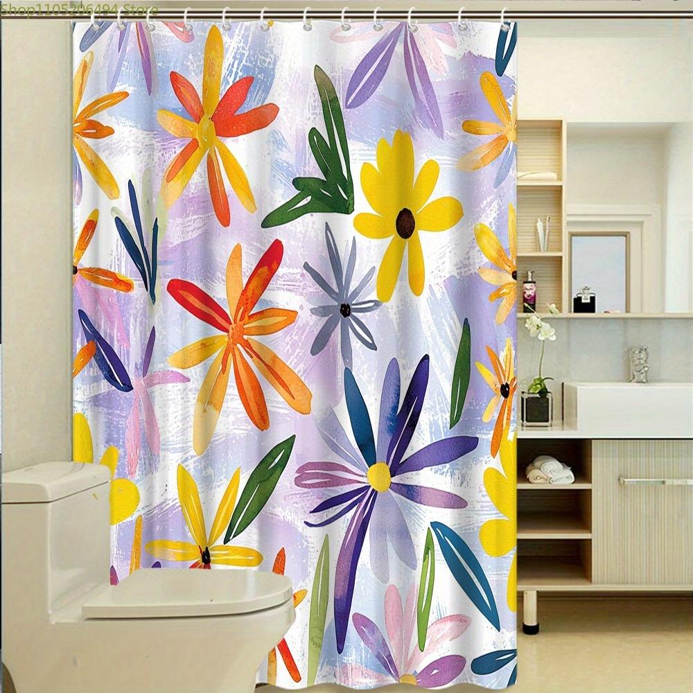 1pc Playful Abstract Floral Watercolor Shower Curtain, Pale Purple and White with Bright Yellow, Orange, Red, Purple, and Gree