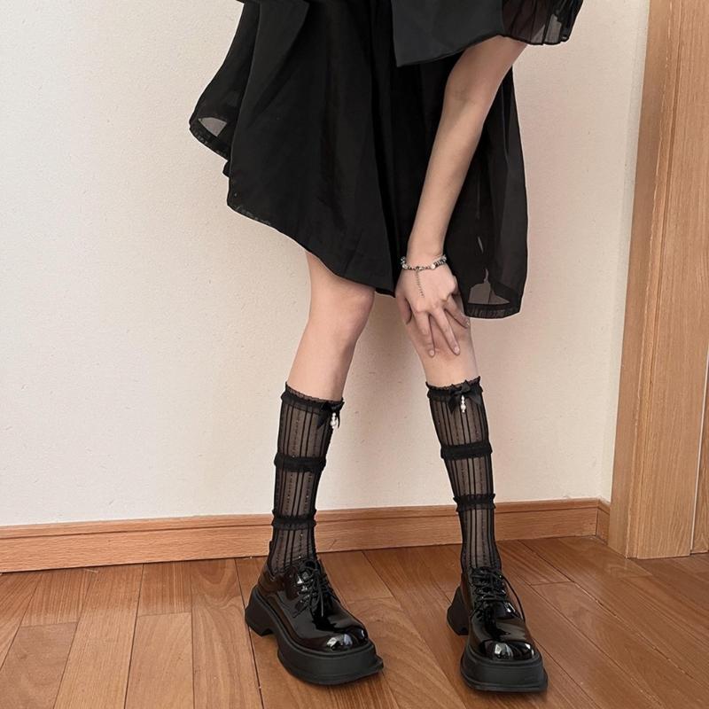 Womens Knee Length Lacy Edge Sock Bows Tie Stocking Bows Tie Long Fishnet Mesh Ballet Style Dance Sock for Summer