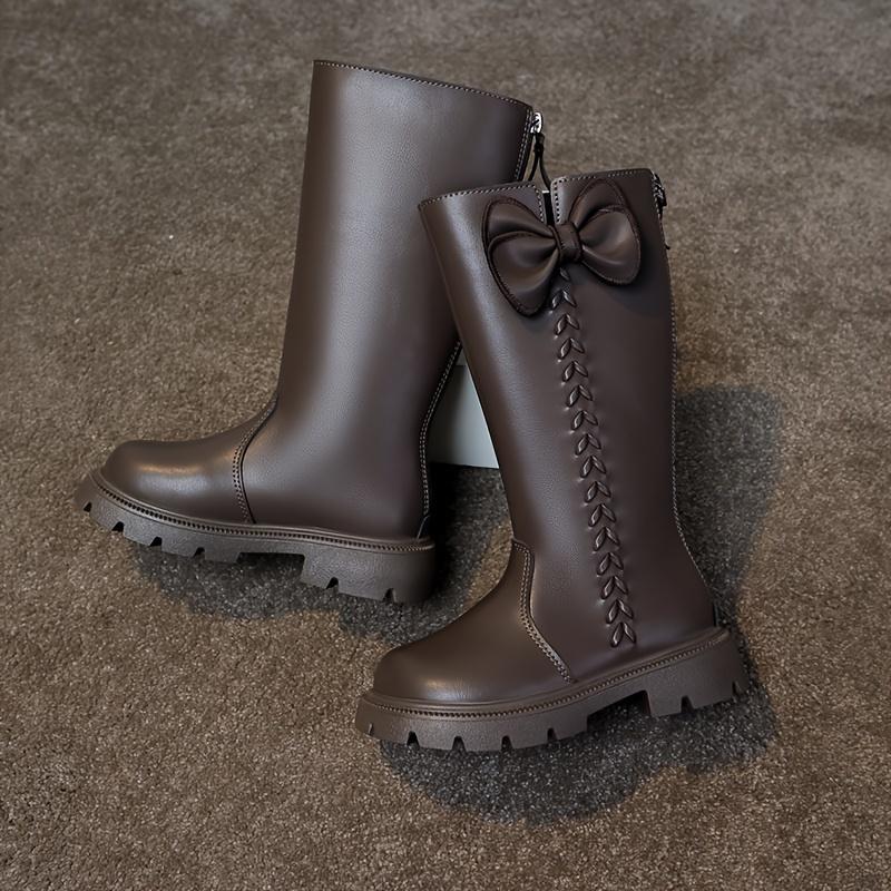 Girls High Top Winter Boots Bow Detail Slip Resistant Rubber Sole Zipper Closure Warm Fabric Lining