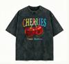 2026 Nuova T-shirt Nera Lavata Vintage con Lettere Arcobaleno e Stampa Ciliegie, Maglietta Casual a Maniche Corte