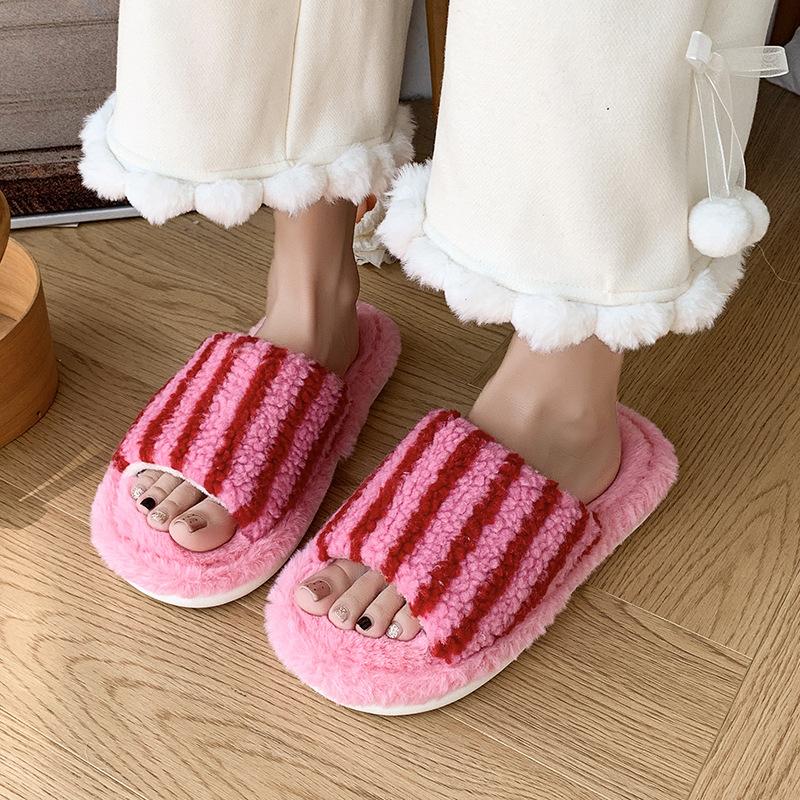 Fashion Cute Striped Bow Fluffy Slippers Women's New Autumn and Winter 2025 Outer Wear One-word Cotton Slippers