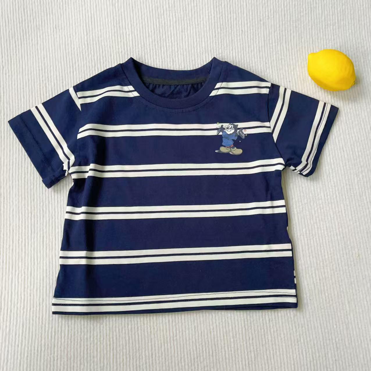 Kids Summer Cartoon Print Striped T-shirt - Pure Cotton, Korean Style, Short Sleeve, Unisex 130 cm тёмно-синий