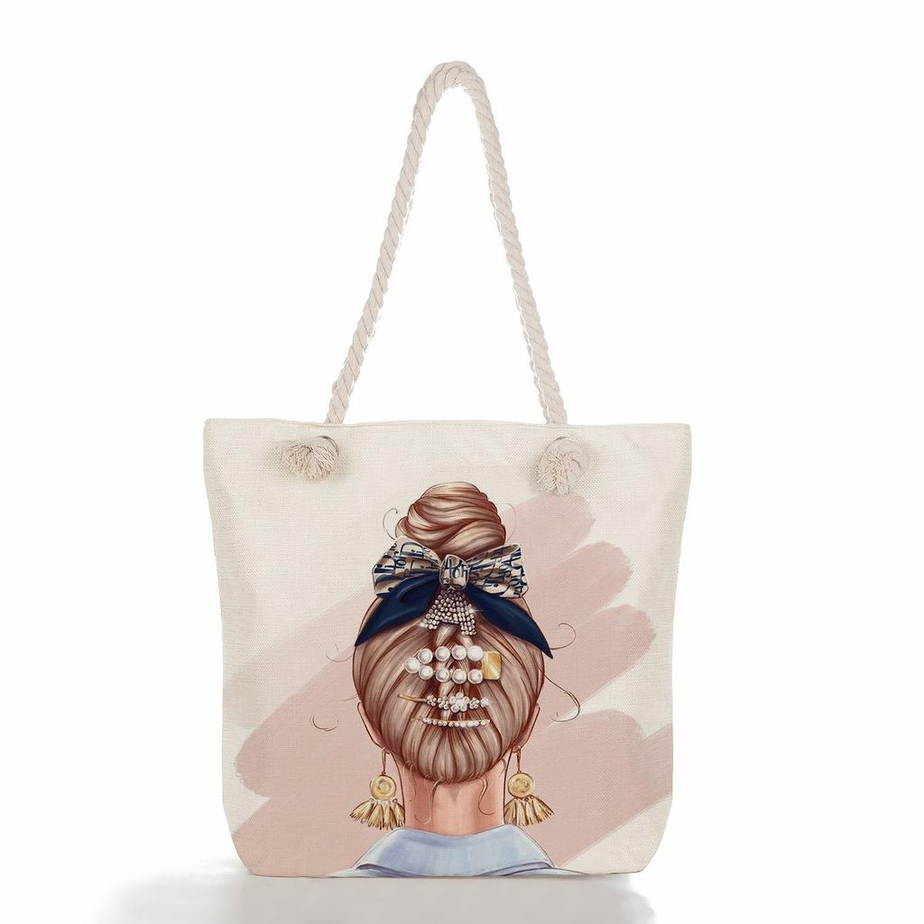 Multifunctional Coffee-colored Girl Printed Thick Rope Shoulder Beach Bag Casual Large Capacity Handbag 0107