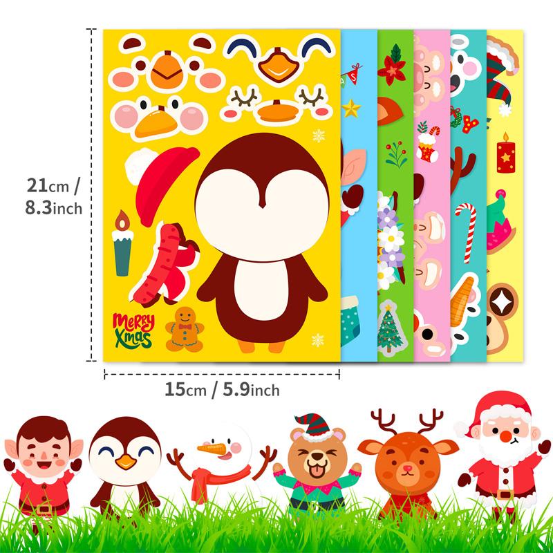 6 Sheets/Set Cartoon Christmas Theme Make a Face Stickers Children's Handmade DIY Sticker Puzzle for Gifts Packaging Decoration