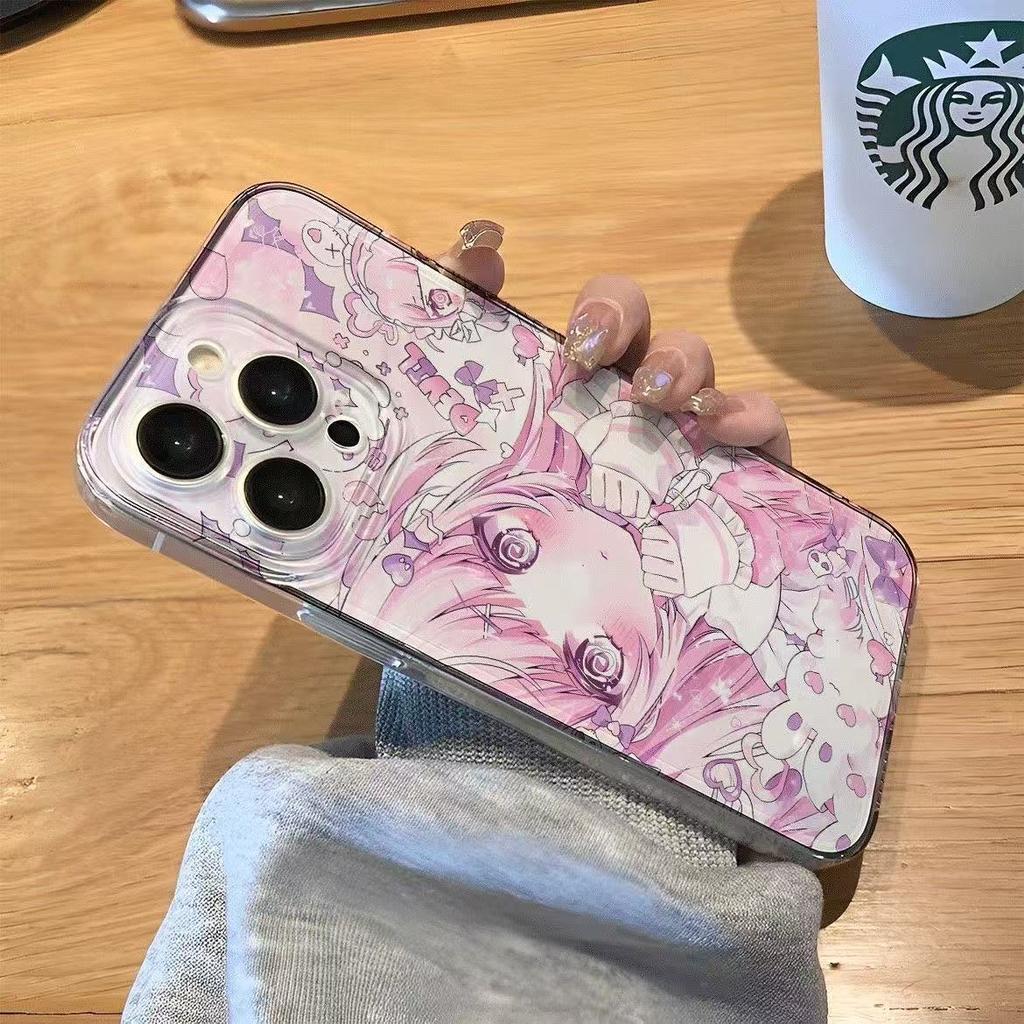 Pastel Pink Chibi Anime Girl Pattern Phone Case for iPhone 17 16 15 14 13 12 11 16E Series Pro Max Plus Double Layer Protection