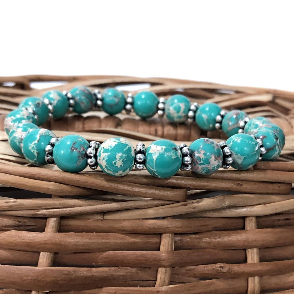 8mm Round Light Green Copper Turquoise Gemstone Beads Bracelet 7.5" Designer Beads Bracelet For Women CSB-5