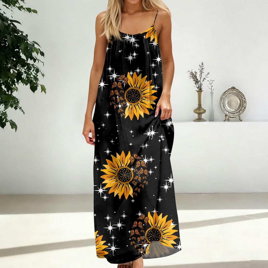 Damenmode Rückenfreies Spaghettiträger Lässiges Lockeres Blumenprint Kleid