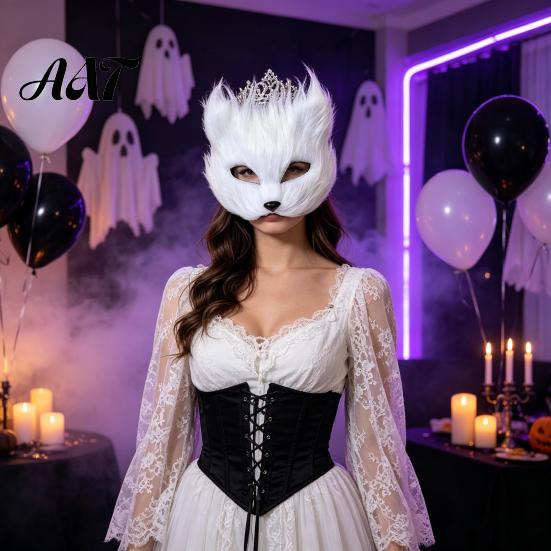 Adjustable Party Mask Long Fur White Fox Half Face Mask, Halloween Masquerade Cosplay Costume Accessories Elegant Fairy for Ancient Style Photoshoot