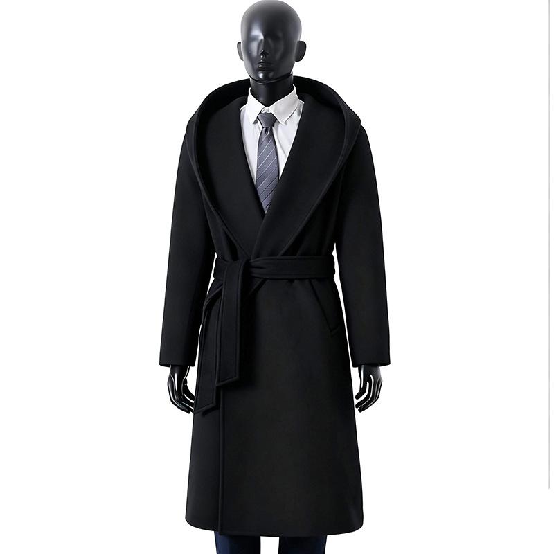Winter Wool Cashmere Hooded Bathrobe: Long, Cozy, Belted Outerwear Coat Without Buttons