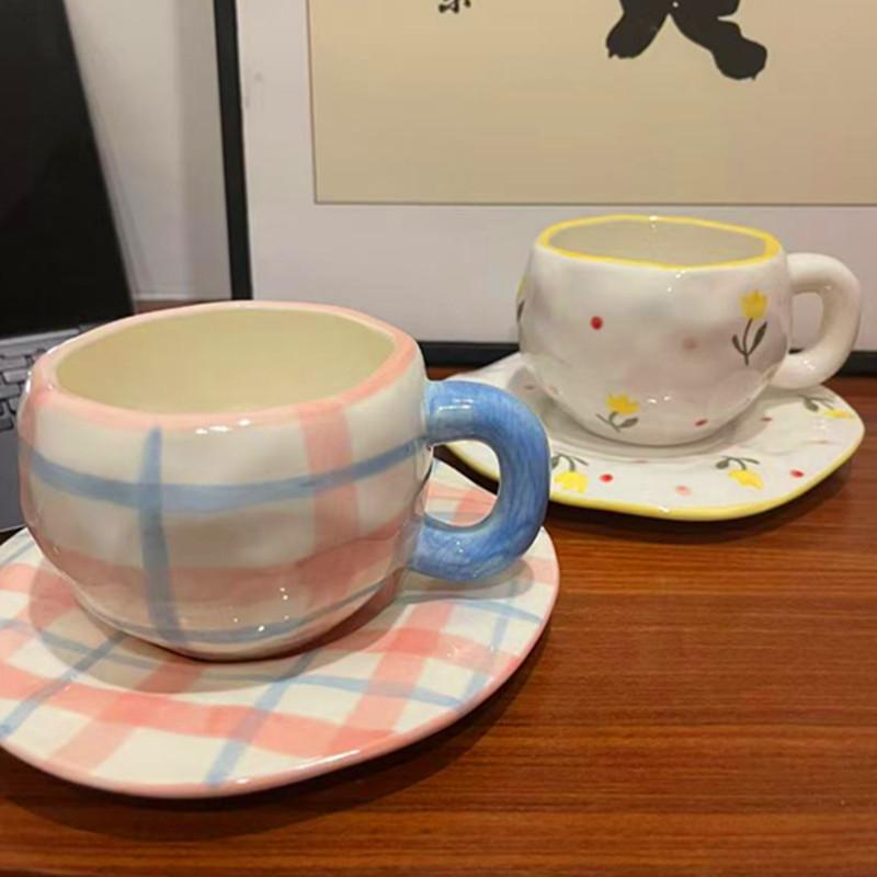 Retro ins style niche French mug, high-end hand-painted irregular cute ceramic set, coffee cup saucer
