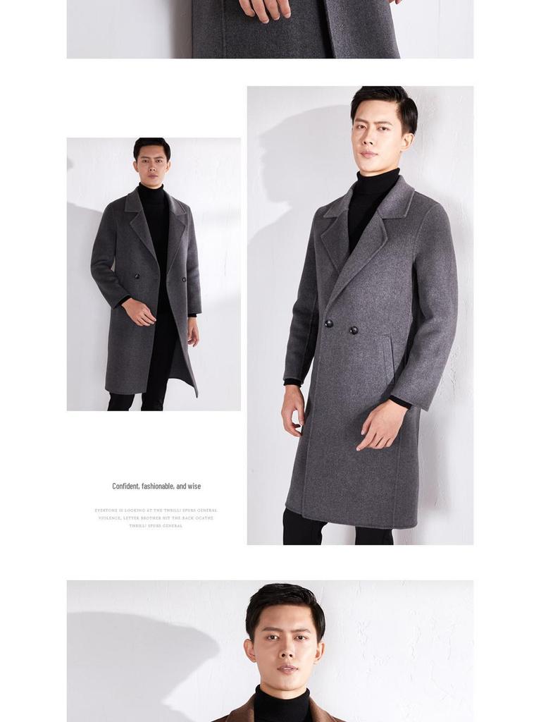 Men's Mid-Length Double-Faced Wool Cashmere Overcoat with Suit Collar