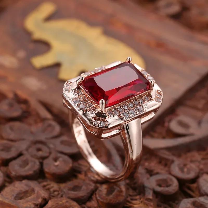 Classic Square Ring For Women 100% Natural Red Crystal Stone 1.3ct Real Rose Gold Color Wedding Engagement  Lady Gift