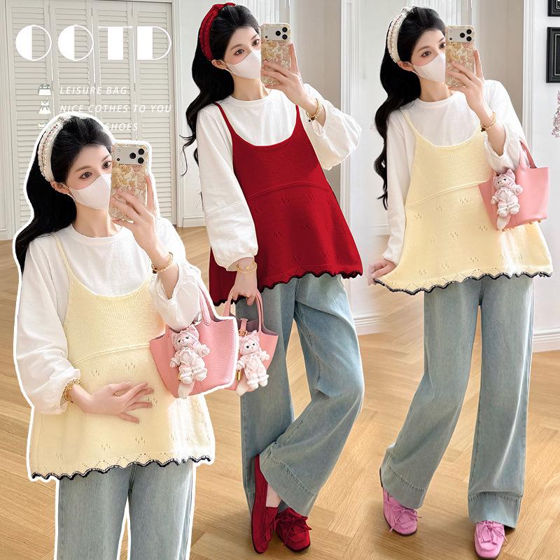 Spring 2026 Maternity Two-Piece Set: Casual Loose Long Sleeve Top + Korean Style Age-Reducing Knit Vest M