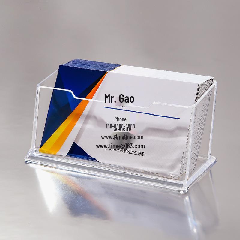 Suport transparent din acril pentru cărți de vizită, design minimalist cu mai multe compartimente și capacitate mare pentru depozitare pe birou.