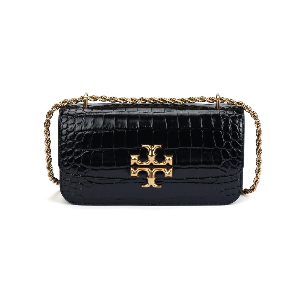 Tory Burch Eleanor Solid Double T Logo Crocodile Pattern Flap Chain Leather Handbag Women Handbags Black Gold 152261-890