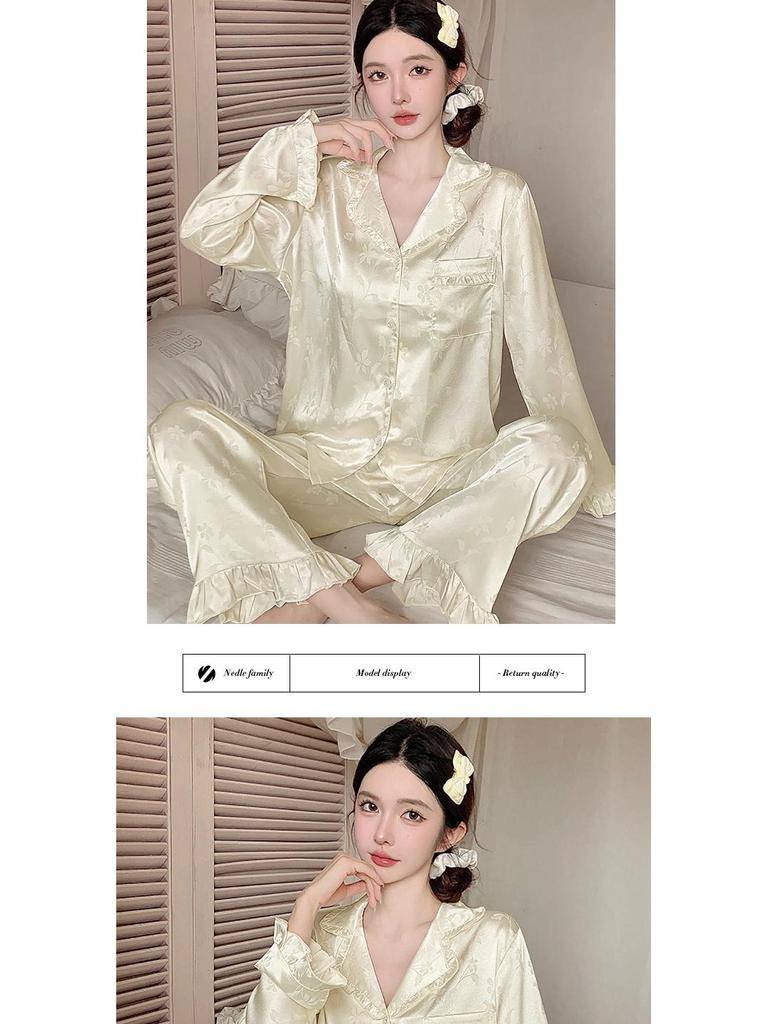 Women's Floral Ruffle Pajamas: Light Luxury Ice Silk Long Sleeve Two-Piece Set for Spring and Autumn