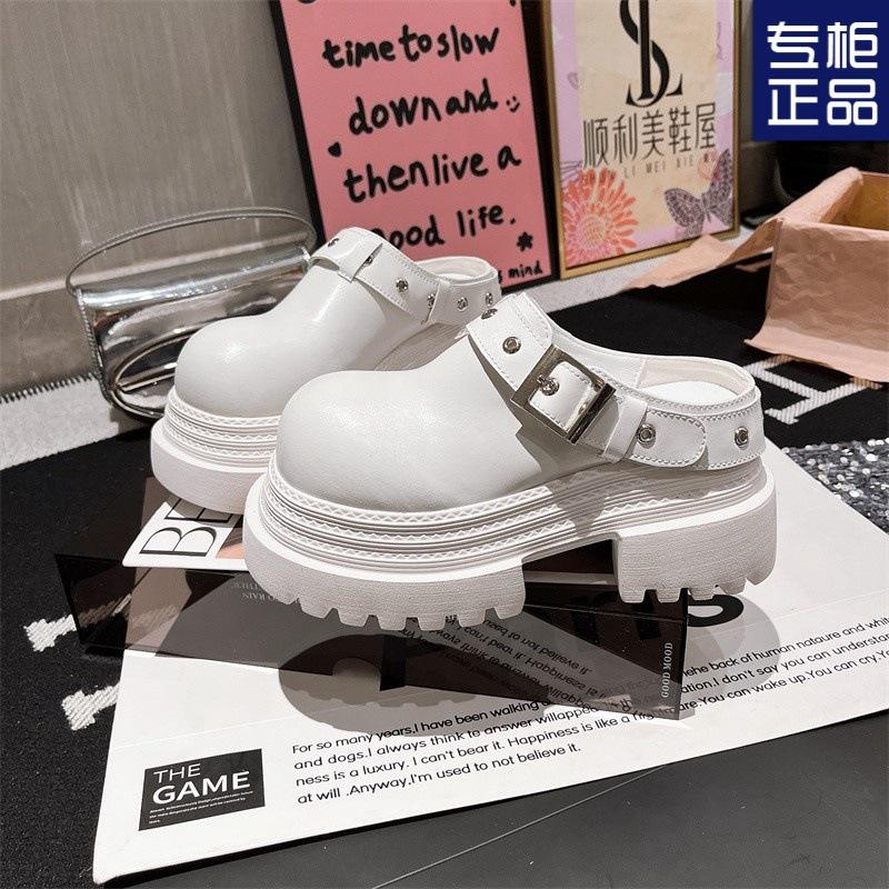 Retro outer slippers round head thick heel thick sole lace-up fashion small leather shoes women's 2025 spring new niche casual style
