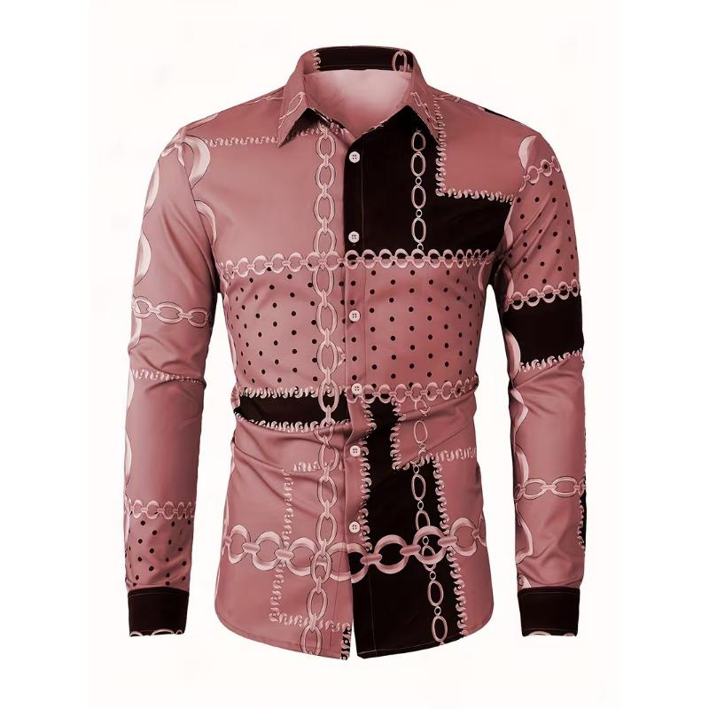 Spring Autumn New Men Long Sleeve 100% Polyester Shirt Tops Chain Pattern 3D Digital Print Business Casual Shirt