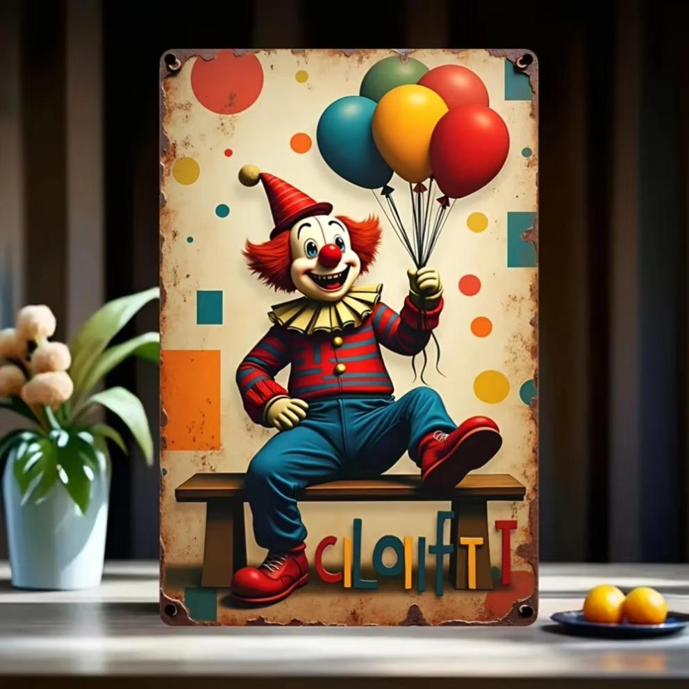 2d Vintage Clown Metal Sign  Colorful Retro Wall Art with Distressed Finish  IndoorOutdoor Decor for Home Garden  Bar