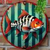 Vintage Flat Fish Metal Wall Art Green Blue Stripes Black White Trim Country Cottage Kitchen Decor