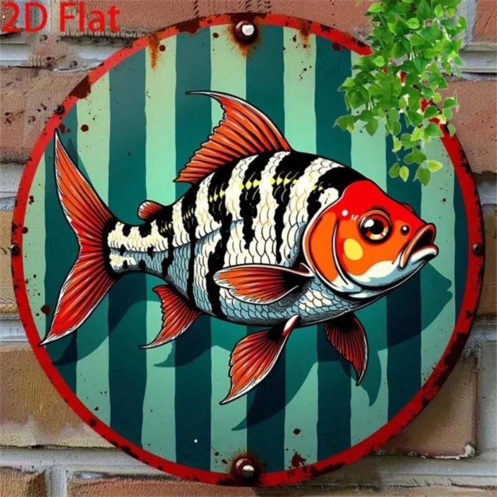 Vintage Flat Fish Metal Wall Art Green Blue Stripes Black White Trim Country Cottage Kitchen Decor