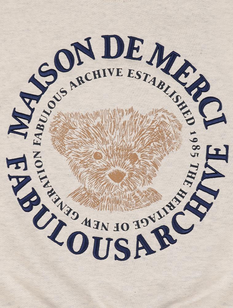 LA MAISON STUDIO [Fleece Line Selection] Women'S Crop Bear Friends Embossed Embroidery Sweatshirt Oatmeal Navy (Fcb3Ts355W)