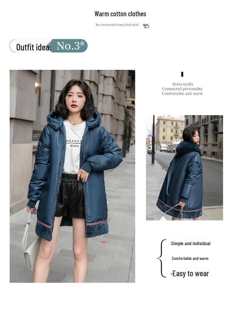 Women's Mid-Length Cotton Coat, 2024 Winter Loose Korean Style Jacket with Thick Velvet Lining and Detachable Parka