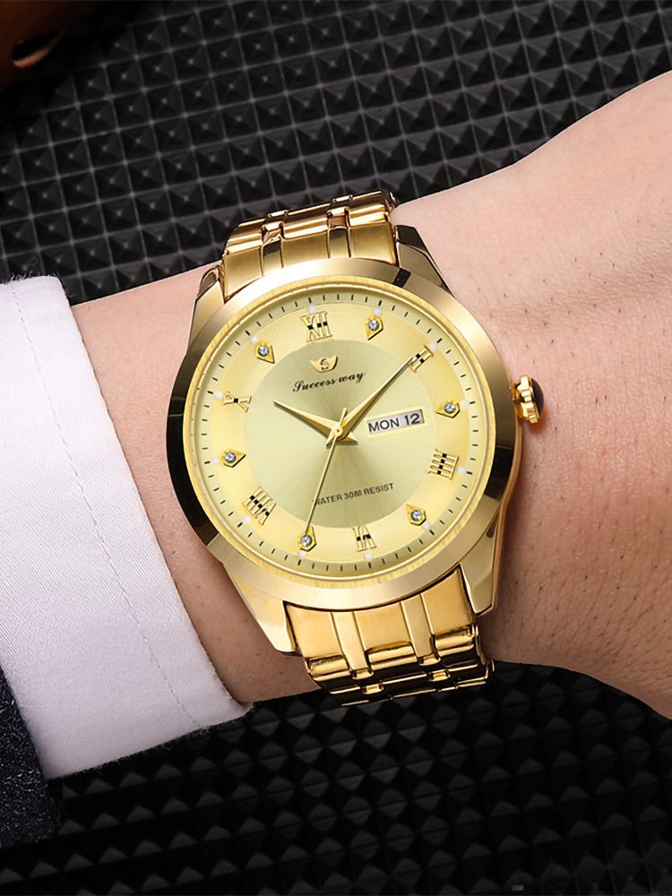 Business quartz watch men's simple diamond mirror waterproof night light dual calendar fashionable gift item