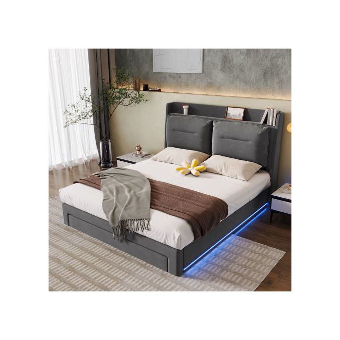 Lit D'appoint - MUVOE - 140x190 Cm - Velours Gris - LED Réglable - Rangement Multifonctionnel