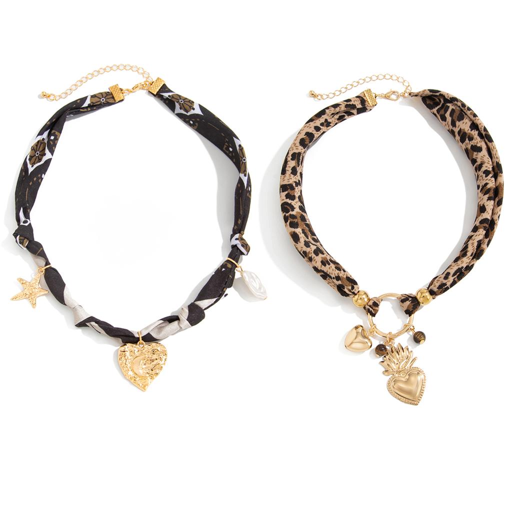 Salircon 2 Style Vintage Leopard Flannel Rope Chain Choker Necklace Women Punk Heart Metal Pendant Necklace Jewelry Female Gift