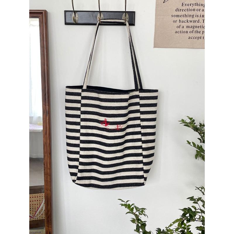 11 striped simple double-sided canvas bag, summer new large-capacity student shopping shoulder bag