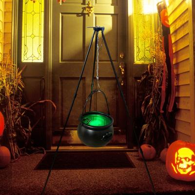 Large Witches Cauldron On Tripod Decoration Outdoor Glowing Witch Soup Pot with Light Plastic Black Candy Bucket for Halloween Party