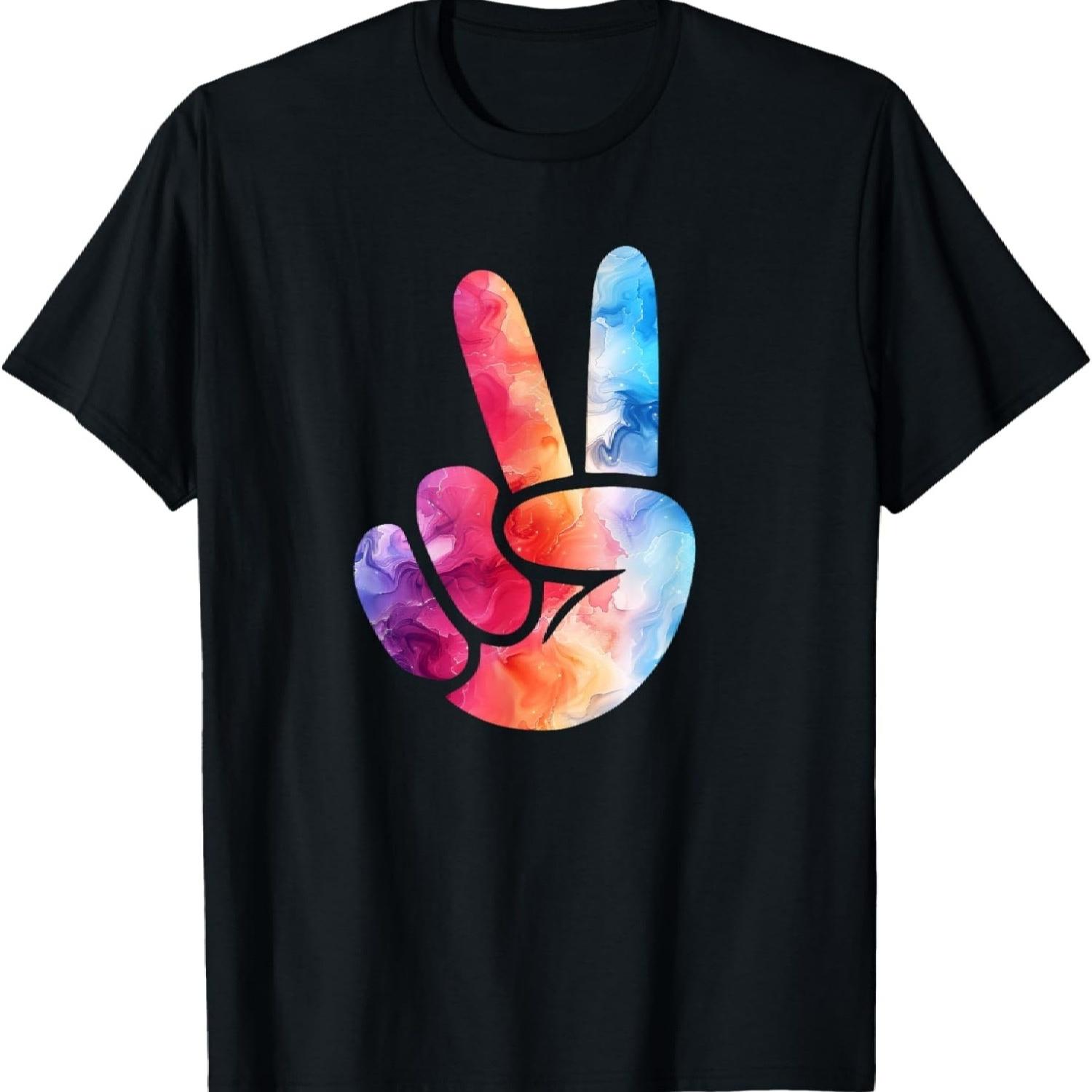 Цветная Силуэтная Цветная Арт Акварель Знак Мира Рука Футболка(47) S