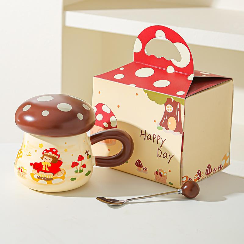 Hrnček Houbičková dívka Vysoce hodnotný suvenýrový dárek Roztomilý kreslený keramický hrnek s víčkem Velkokapacitní hrnek na pití
