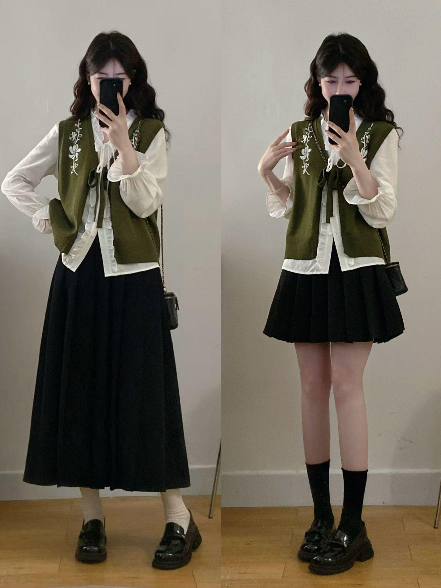 

Plus Size Women s Sweater Vest, Ruffle Collar Shirt & Pleated Skirt Set 4XL