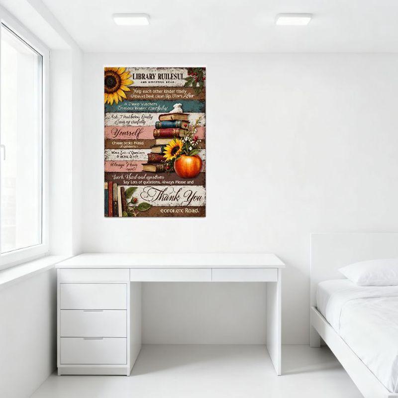 Rustic 'Library Rules - Respectful Read' Metal Tin Sign, Vintage Sunflower Rabbit Books Apple Decor, Home Office Cafe Bar Man Ca